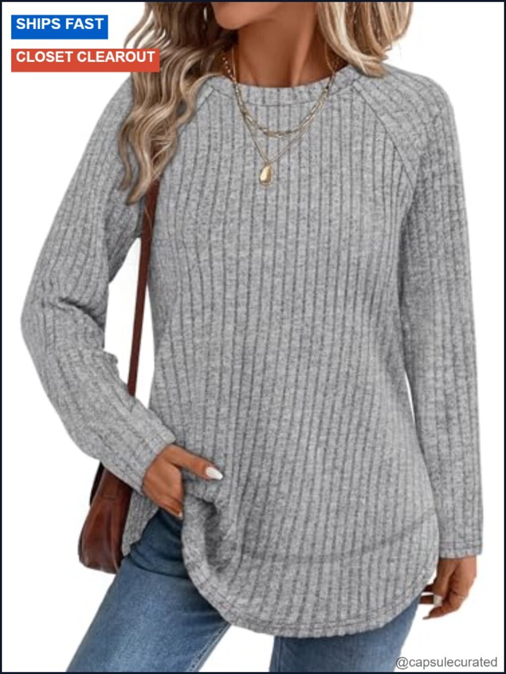 Women's Long Sleeve Ribbed Tunic with Curved Hem and Side Slits